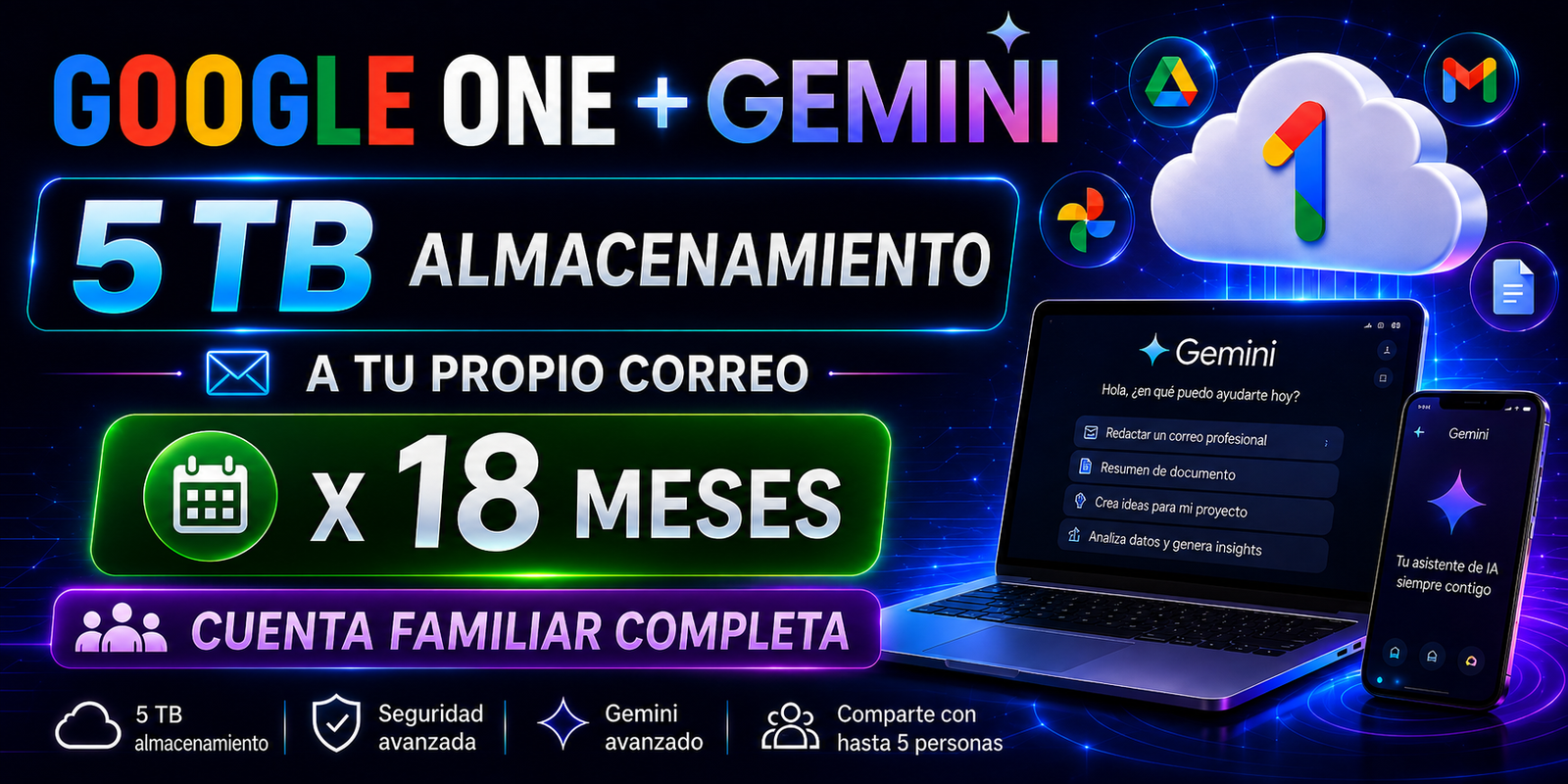 FAMILIAR COMPLETA GOOGLE ONE + GEMINI PRO X 18 MES